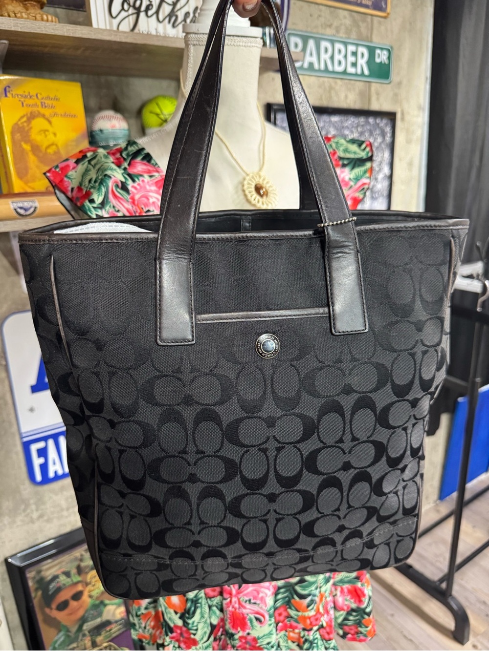 Coach Black Signature Canvas Tote with Leather Trim